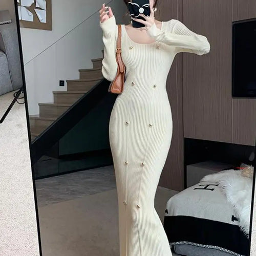 Load image into Gallery viewer, French Retro Square Neck Button Knitted Bodycon Dresses Women 2023 Autumn Winter Long Sleeve Sweater Long Dress Clothes Popular

