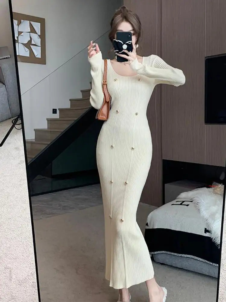 French Retro Square Neck Button Knitted Bodycon Dresses Women 2023 Autumn Winter Long Sleeve Sweater Long Dress Clothes Popular