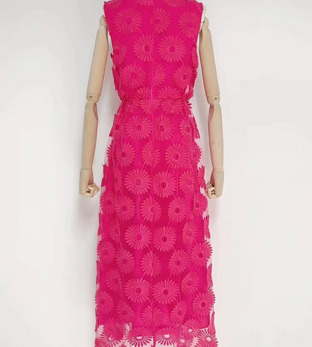 Casual Solid Long Dress For Women Round Neck Sleeveless Patchwork Embroidery High Waist Midi Dresses Female 2022 Clothes New