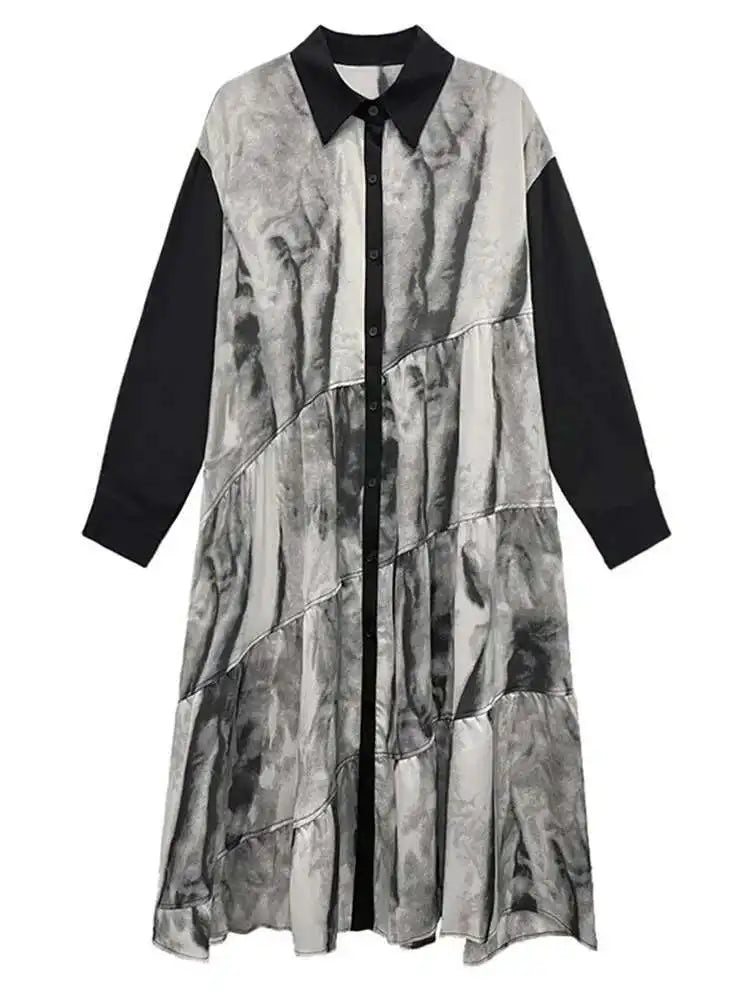 Women Black Pattern Printed Big Size Midi Shirt Dress New Lapel Long Sleeve Fashion Tide Spring Autumn 2025 1DH4765