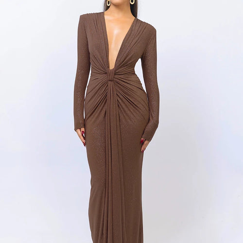 Load image into Gallery viewer, Glitter Deep V Neck Sexy Maxi Dress For Women Elegant Sparkle Long Sleeve Ruched Bodycon Split Club Party Sexy Dress
