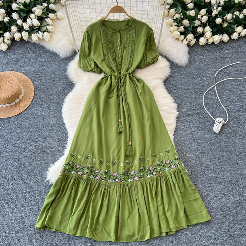 Load image into Gallery viewer, Retro 2024 Summer New Women's Round Neck Embroidered Lace Patchwork Lace Up Long Dresses Fashion Short Sleeves Button Dress Boho
