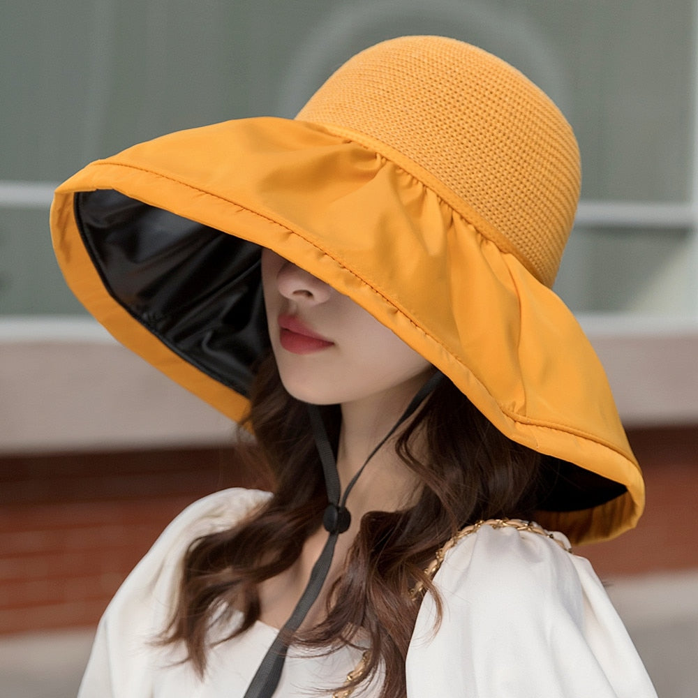 Women's Summer Shade Cap Fashion Big Brim Hollow Out Ceiling Design Sun Hat Female Travel Bow Bucket Hat