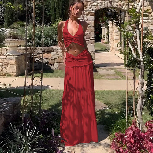 Load image into Gallery viewer, Sexy Sleeveless Skirt Two Pieces Sets For Women V-neck Hollow Out Crop Tops And Long Skirt Patchwork Two Pieces Sets
