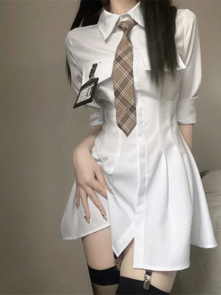 Classic White Shirt Dress Women Wrap Slim Design Polo Short Dresses Korean Fashion Kpop Spring with Tie