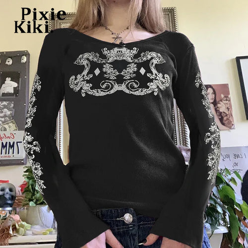 Load image into Gallery viewer, Dark Print Black Graphic T Shirts Y2k Streetwear Retro Crew Neck Full Sleeve Top Trending 2024 Fashion Women P67-BC15
