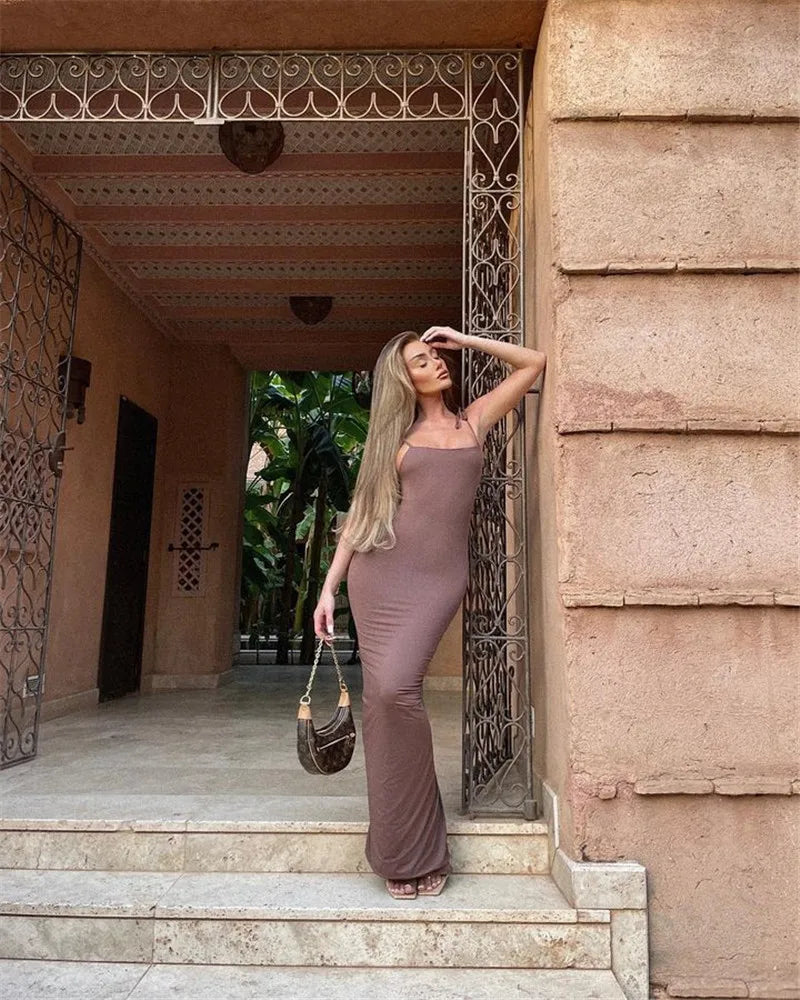 Spaghetti Strap Backless Bodycon Maxi Dress Women Autumn New Thickened Fabric Sleeveless Club Party Sexy Long Dress