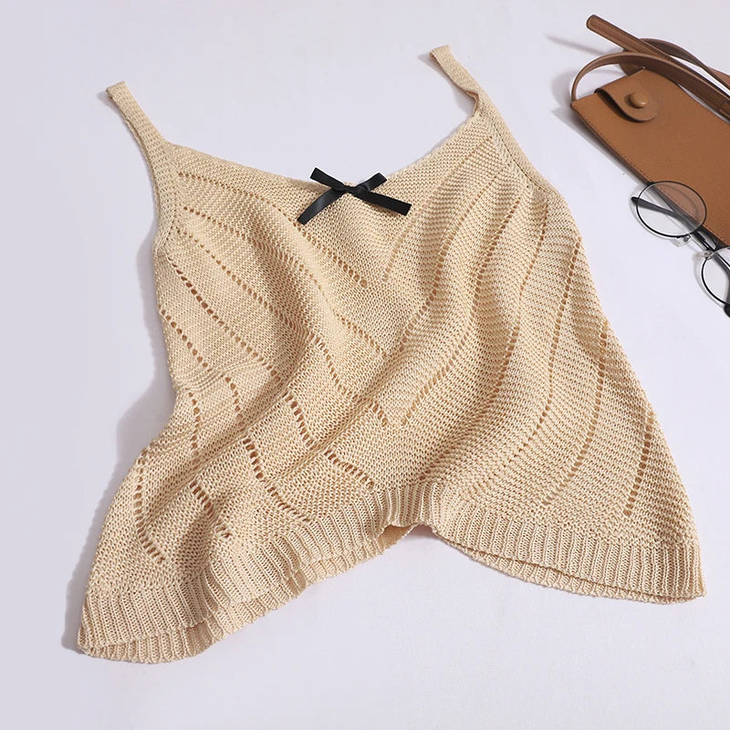 Solid Sexy Hollow Out V Neck Bow Slip Tank Tops Summer Women Sleeveless Holiday Short Vest Casual Street Clothes Fashion Casual