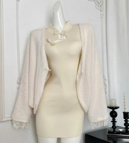 New Chinese Style 2024 Women's Autumn Winter Loose Cardigan Shawl Coat And Long Sleeved Knitted Short Dress Two Piece Set Trendy