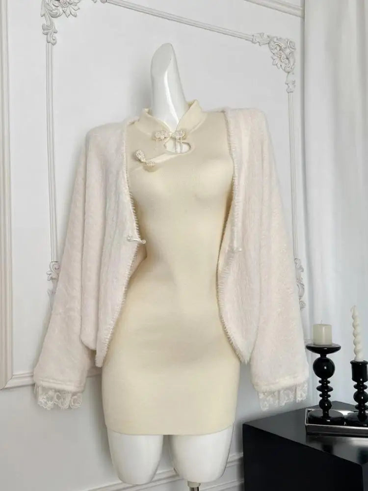 New Chinese Style 2024 Women's Autumn Winter Loose Cardigan Shawl Coat And Long Sleeved Knitted Short Dress Two Piece Set Trendy