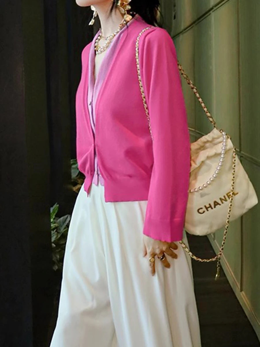 Hit Color Sweater For Women V Neck Long Sleeve Spliced Single Breasted Casual Knitting Sweaters Female Fashion New