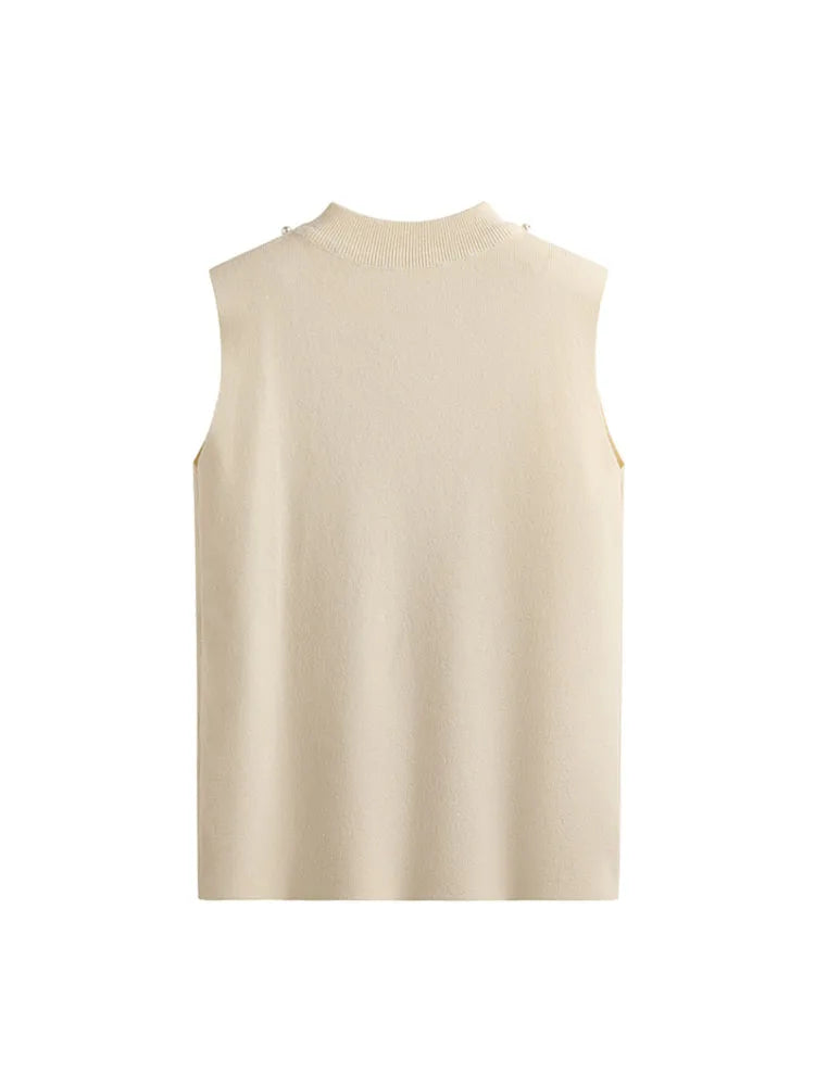 Spring Bottoming Sleeveless Vest Solid Camisole Nail Beaded Sweaters Half Turtleneck Knitwear Tops B-053