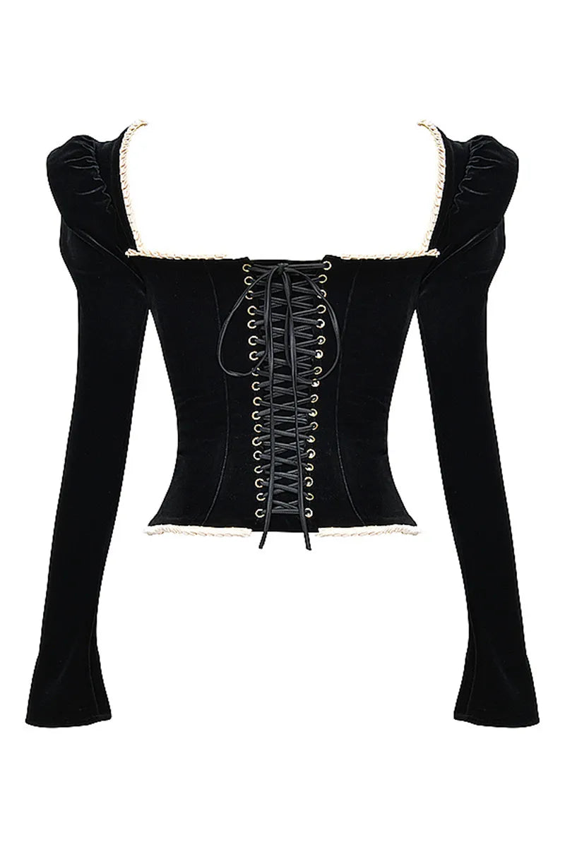 Square Collar Backless Bandage Sexy T-shirt Women Autumn Winter New Black Shoulder Pad Sleeve Skinny Sexy Party Tops