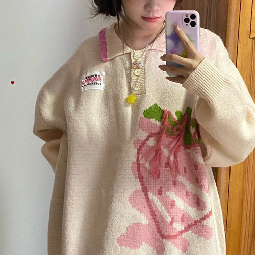 Load image into Gallery viewer, Japanese Kawaii Sweater Women Harajuku Knitted Jumper Loose Casual Strawberry Contrast Knitwear Tops Cute Streetwear
