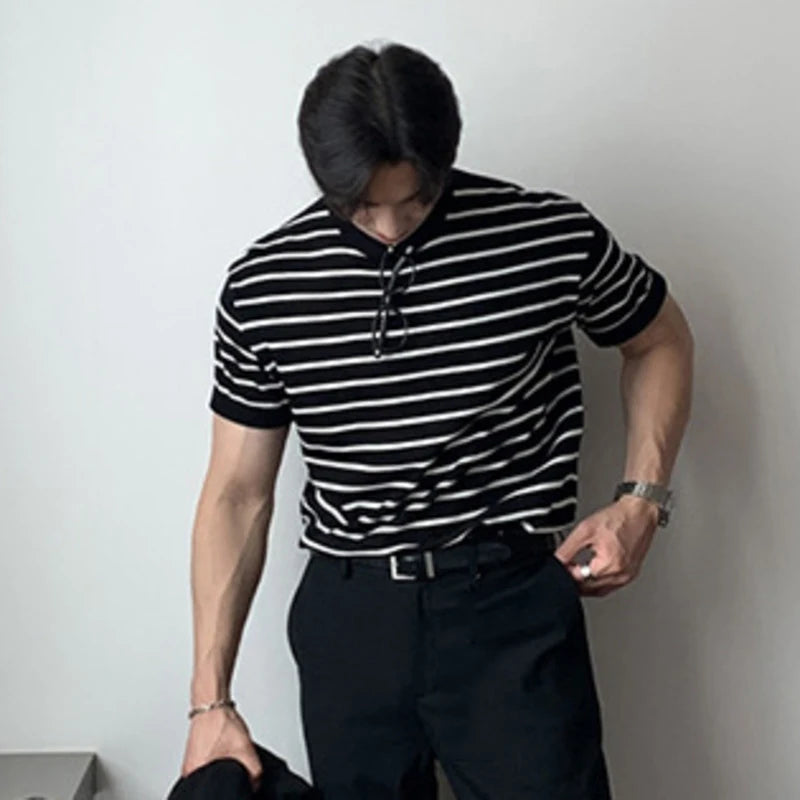 Korean Design Men's Tees Stripe Round Neck Short Sleeve Business Casual Male Pullover Tops Loose Stylish 9C6417