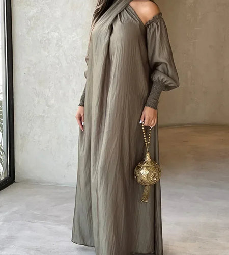 American Retro Halter-neck Loose Dress Cold Shoulder Puff Sleeves H-line Maxi Dress 2025 New Elegant Evening Dresses