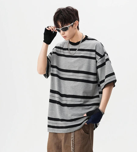 Men' Short Sleeve T-shirts New Summer American Fanshion Striped Round Neck Trendy Male Casual Pullover Top T-shirt 9W1668