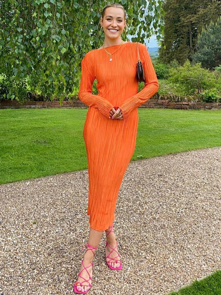 Women Elegant Ribbed Solid O Neck Long Sleeve Maxi Prom Dress 2022 Fall Sexy Bodycon Evening Birthday Party Y2K Robe