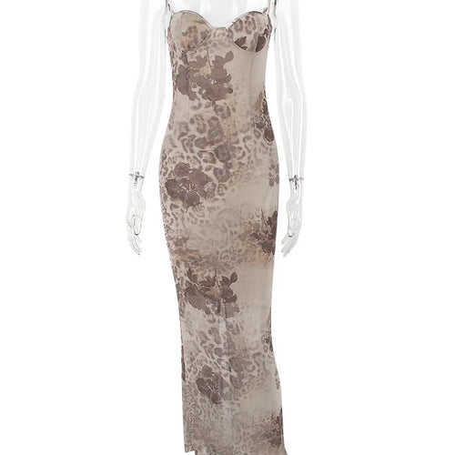 Load image into Gallery viewer, Mesh Floral Print Maxi Dress Women Spaghetti Strap Sleeveless Lace-up Split Sundress Ladies Club Party Long Tank Dress
