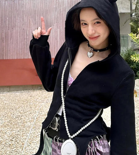 Gothic Little Devil Horn Jacket Women Hooded Zipper Long Sleeve Irregular Hem Autumn Cute Casual Trend Stretch Streetwear