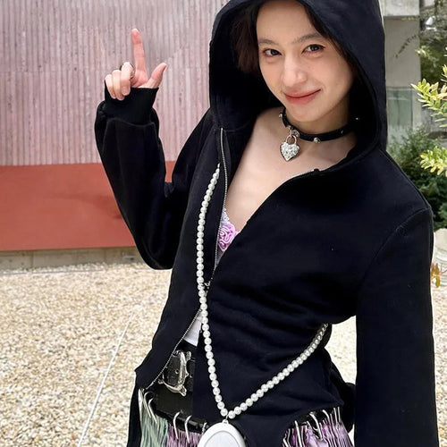 Load image into Gallery viewer, Gothic Little Devil Horn Jacket Women Hooded Zipper Long Sleeve Irregular Hem Autumn Cute Casual Trend Stretch Streetwear
