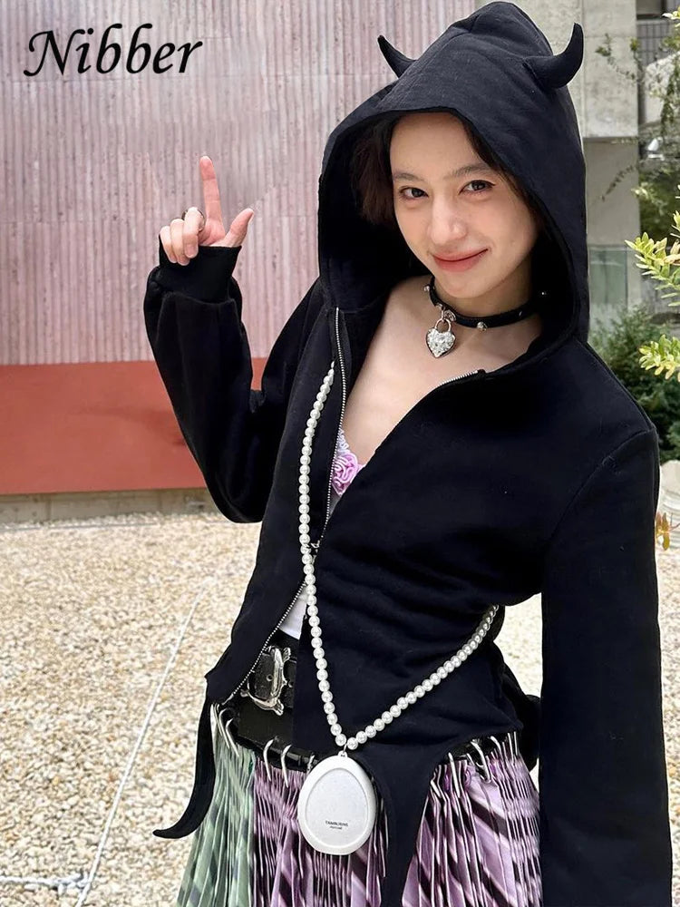 Gothic Little Devil Horn Jacket Women Hooded Zipper Long Sleeve Irregular Hem Autumn Cute Casual Trend Stretch Streetwear