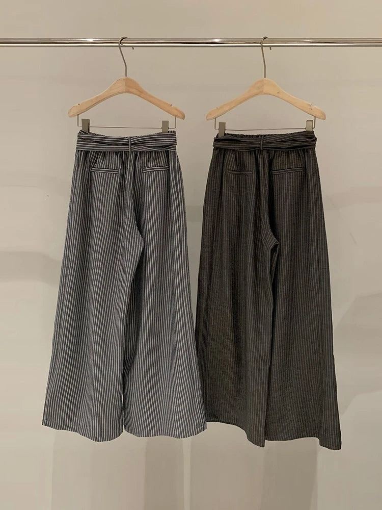 High Elastic Waist Gray Striped Bandage Casual Wide Leg Pants New Trousers Women Fashion Tide Spring Autumn 2025 1DJ1492