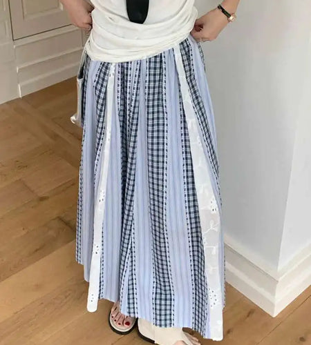 High Elastic Waist Blue Plaid Lace Color-block A-line Half-body Skirt Women Fashion Tide New Spring Autumn 2025 1DJ0356