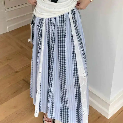 Load image into Gallery viewer, High Elastic Waist Blue Plaid Lace Color-block A-line Half-body Skirt Women Fashion Tide New Spring Autumn 2025 1DJ0356
