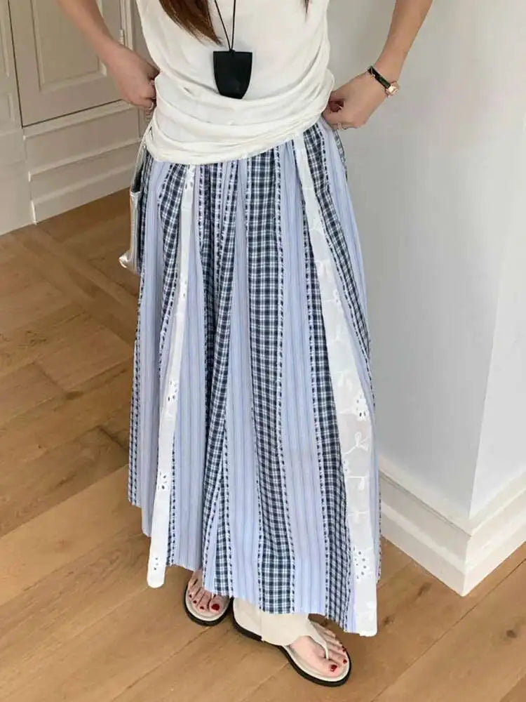High Elastic Waist Blue Plaid Lace Color-block A-line Half-body Skirt Women Fashion Tide New Spring Autumn 2025 1DJ0356