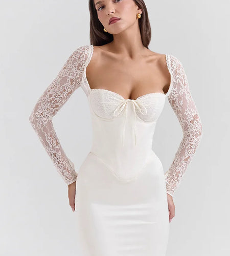 Elegant Lace Patchwork Body Party Club Evening Dress Women Winter Long Sleeve Satin Sexy Bareback Slimming Vestido 2025