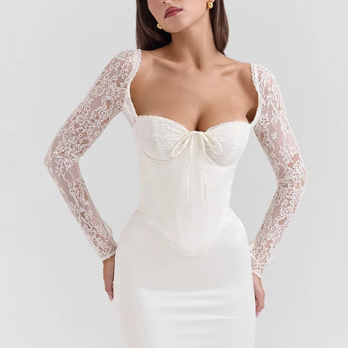 Load image into Gallery viewer, Elegant Lace Patchwork Body Party Club Evening Dress Women Winter Long Sleeve Satin Sexy Bareback Slimming Vestido 2025
