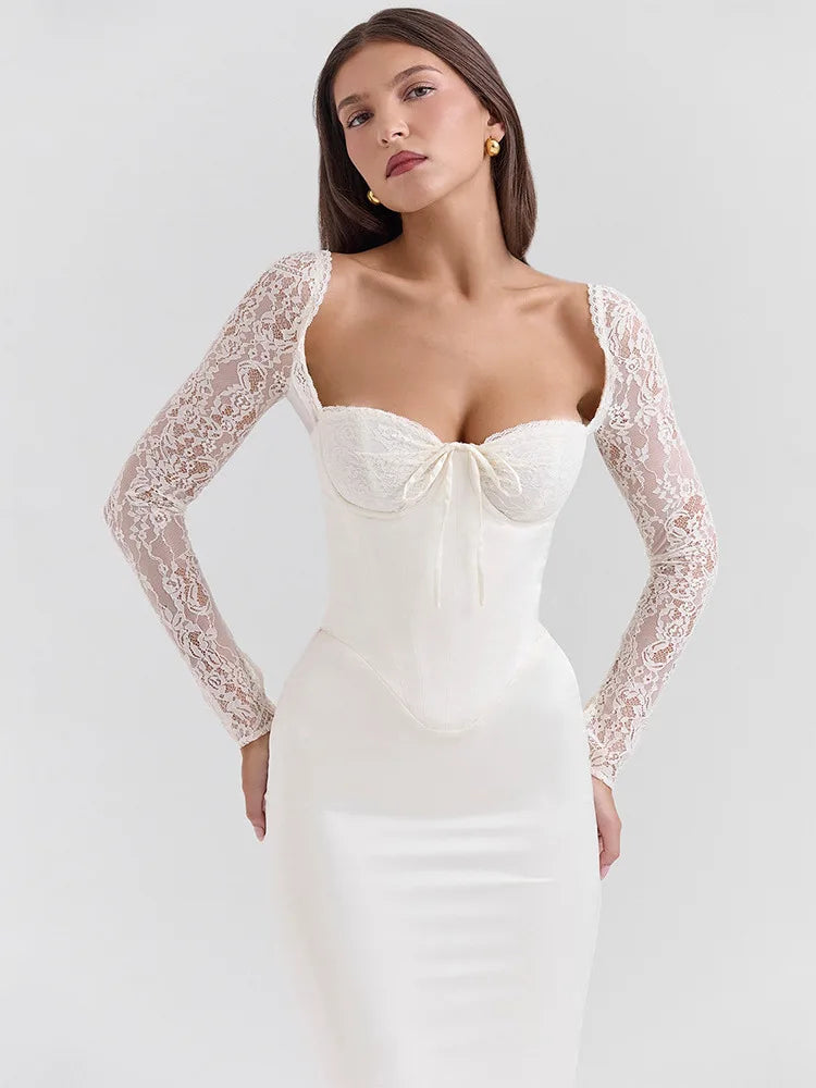 Elegant Lace Patchwork Body Party Club Evening Dress Women Winter Long Sleeve Satin Sexy Bareback Slimming Vestido 2025