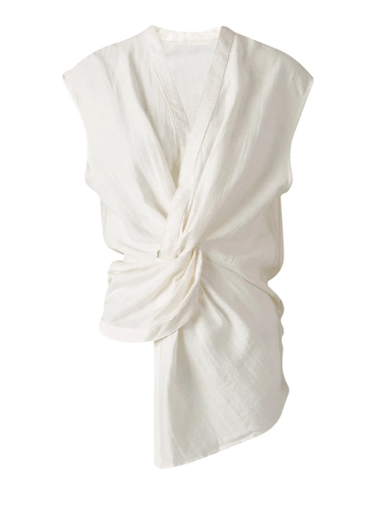 Women Black Irregular Pleated Knot Elegant Blouse New V-Neck Sleeveless Shirt Fashion Tide Spring Summer 2025 CPG3252