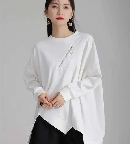 Black Irregular Hem Zipper Sweatshirt New Round Neck Long Sleeve Women Big Size Fashion Tide Spring Autumn 2025 1DH4308