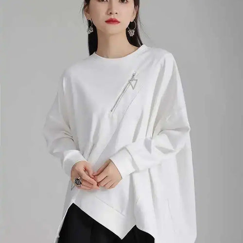 Load image into Gallery viewer, Black Irregular Hem Zipper Sweatshirt New Round Neck Long Sleeve Women Big Size Fashion Tide Spring Autumn 2025 1DH4308
