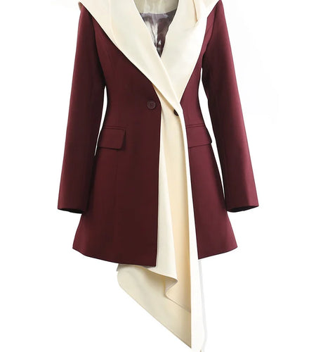 Women Wine Red Irregular Color-block Elegant Blazer New Hooded Long Sleeve Jacket Fashion Tide Spring Autumn 2025 1DH9528