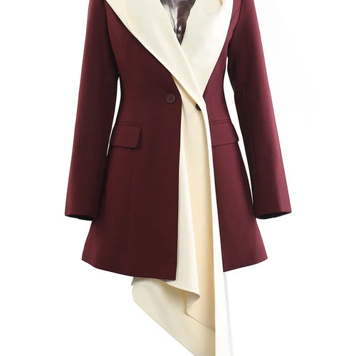Load image into Gallery viewer, Women Wine Red Irregular Color-block Elegant Blazer New Hooded Long Sleeve Jacket Fashion Tide Spring Autumn 2025 1DH9528
