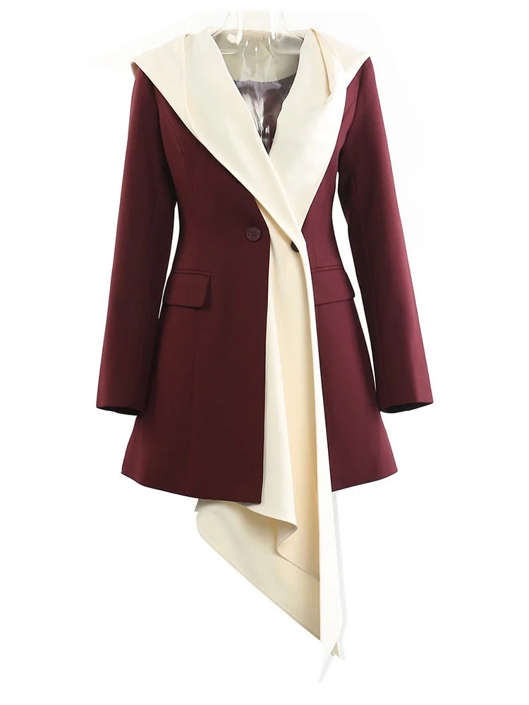 Women Wine Red Irregular Color-block Elegant Blazer New Hooded Long Sleeve Jacket Fashion Tide Spring Autumn 2025 1DH9528