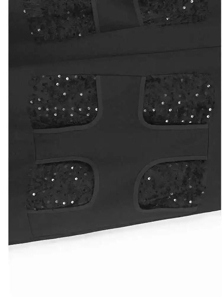 Women Black Sequins Spliced Big Size Midi Vest Dress New V-Neck Sleeveless Fashion Tide Spring Autumn 2025 1DH9971