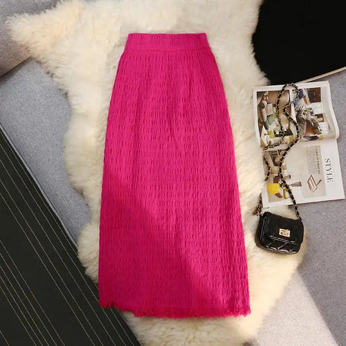 Load image into Gallery viewer, Women Solid Straight Slim Knitted Midi Skirt 2023 Autumn Winter Vintage Elegant Elastic High Waist Tassel Wrap Hip Skirts Female
