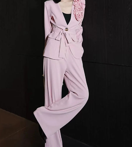 Elegant Two Piece Sets for Women V Neck Long Sleeves Spliced 3D Flower Blazer High Waist Wide Leg Pant Set Female