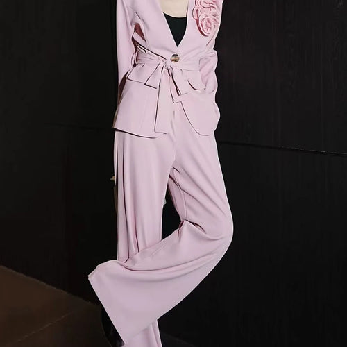 Load image into Gallery viewer, Elegant Two Piece Sets for Women V Neck Long Sleeves Spliced 3D Flower Blazer High Waist Wide Leg Pant Set Female
