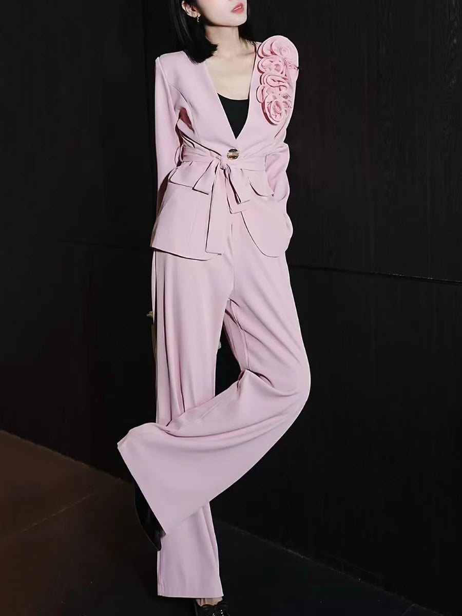 Elegant Two Piece Sets for Women V Neck Long Sleeves Spliced 3D Flower Blazer High Waist Wide Leg Pant Set Female