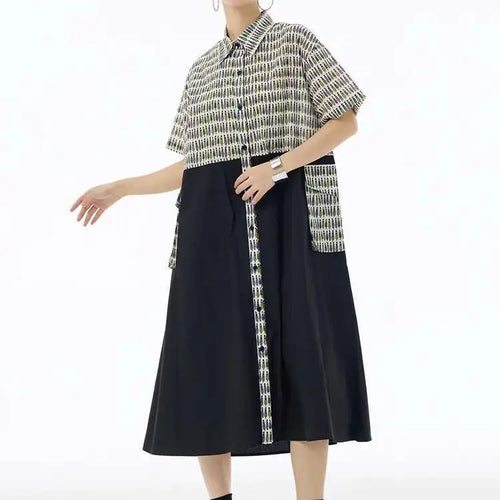 Load image into Gallery viewer, Women Black Printed Color-block Big Size Shirt Dress New Laple Short Sleeve Fashion Tide Spring Summer 2025 1DH6081
