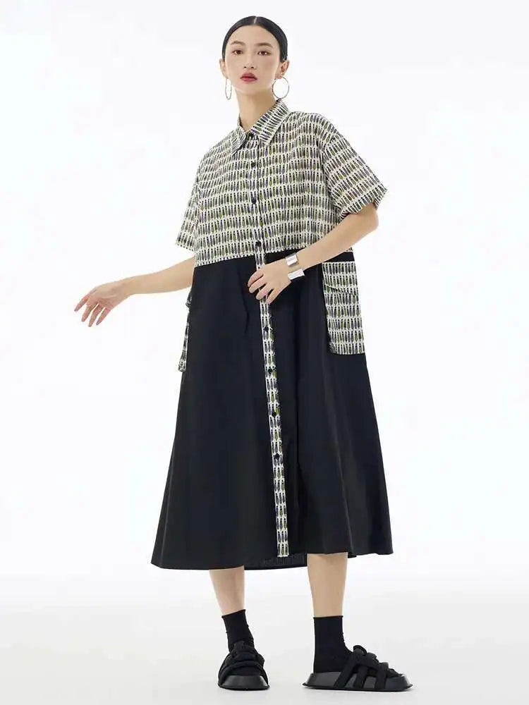 Women Black Printed Color-block Big Size Shirt Dress New Laple Short Sleeve Fashion Tide Spring Summer 2025 1DH6081