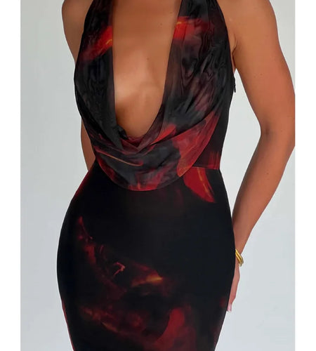 Sexy Sleeveless Deep V Printed Evening Dress For Women 2024Summer Hanging Collar Backless Dress Long Dress Holiday Party