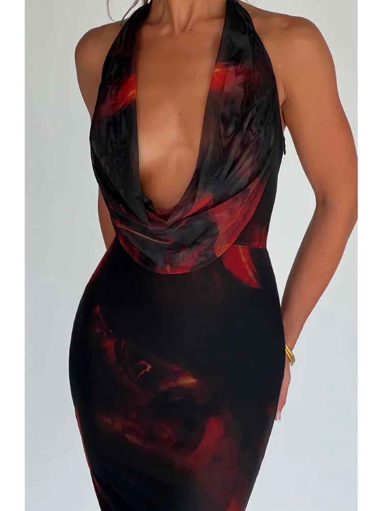 Sexy Sleeveless Deep V Printed Evening Dress For Women 2024Summer Hanging Collar Backless Dress Long Dress Holiday Party