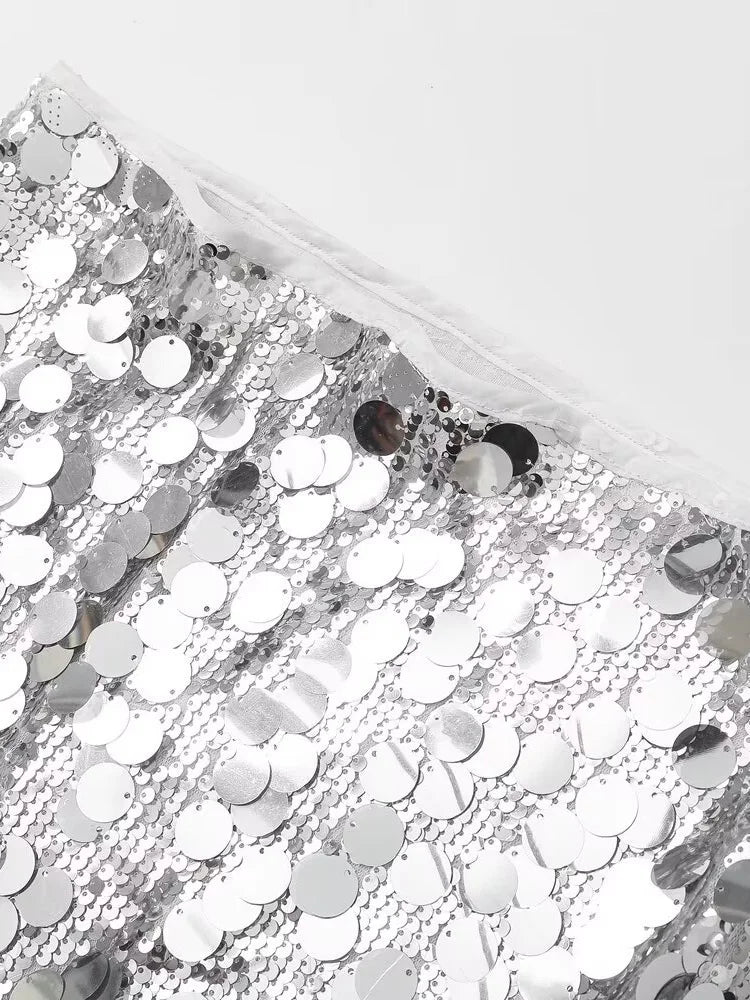 Women Fashion With Sequined Solid Side Zipper Mini Skirt Vintage High Waist Female Chic Lady Skirts