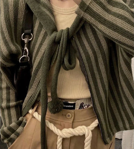 2025 Spring Autumn Korean Hooded Loose Harajuku Sweaters Women Striped Zipper Cardigan Knitted Fashion Gothic Y2k Tops Jumper